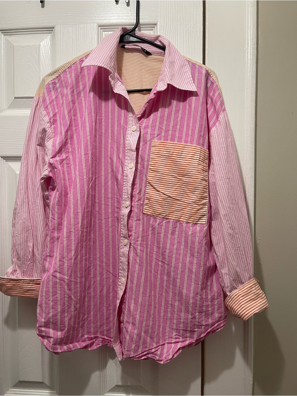 ' Zara Pink Striped Button-Up Shirt with Contrast Pocket